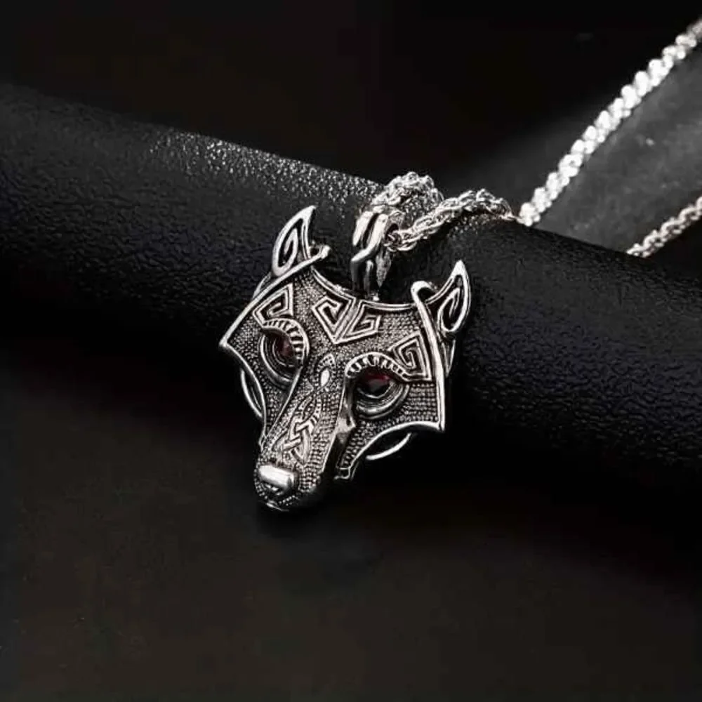 Viking Fenrir Wolf Head Stainless Steel Ruby Eye Pendant Necklace